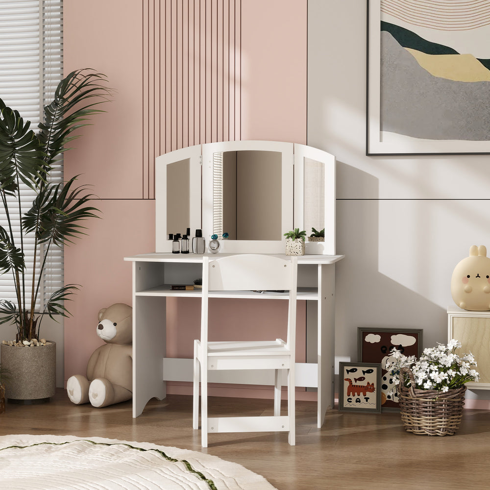 Coiffeuse 2 en 1 avec miroir pliable en trois parties, tabouret et étagère de rangement, blanche