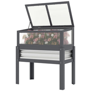 Jardinière surélevée avec dessus de serre relevable, bac à plantes surélevé en bois avec pieds et doublure, gris