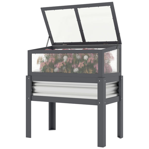 Jardinière surélevée avec dessus de serre relevable, bac à plantes surélevé en bois avec pieds et doublure, gris