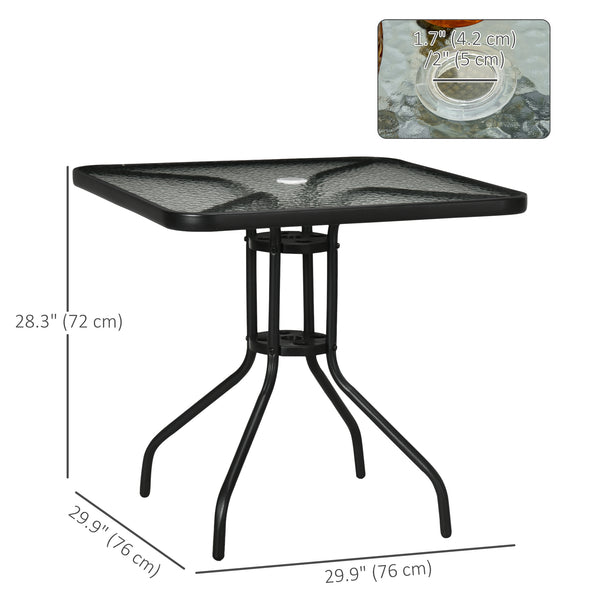 Table de salle à manger carrée avec trou pour parasol et plateau en verre trempé, noire