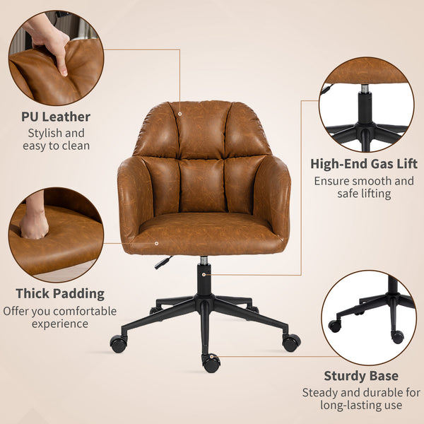 Adjustable height swivel office chair in faux leather, brown