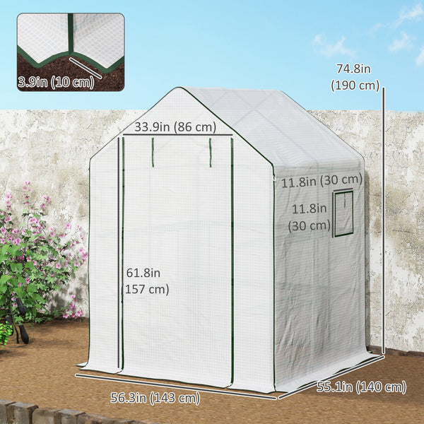 Small outdoor greenhouse with 2-tier U-shaped flower shelves, white