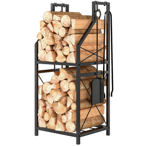 Support à bois de chauffage à 2 niveaux avec 4 outils pour foyer