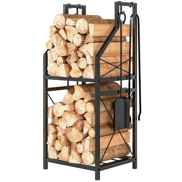 Support à bois de chauffage à 2 niveaux avec 4 outils pour foyer