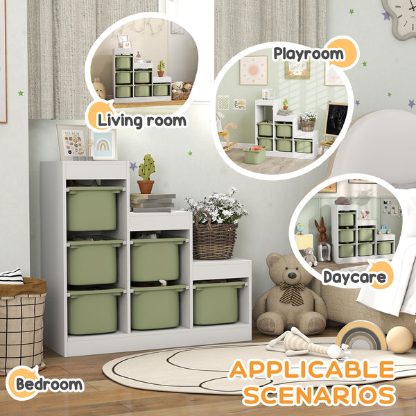 Étagère de rangement à 3 niveaux avec 6 bacs en plastique, vert