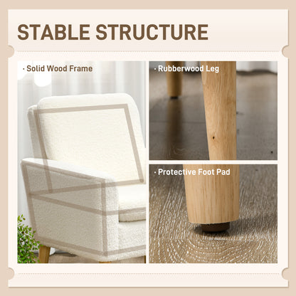Modern upholstered armchair with wooden legs and wide padded seat, cream white