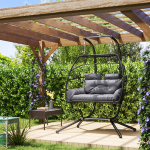 Balancelle double en osier avec support, pliable et suspendue, coussin résistant aux UV, appui-tête, gris foncé