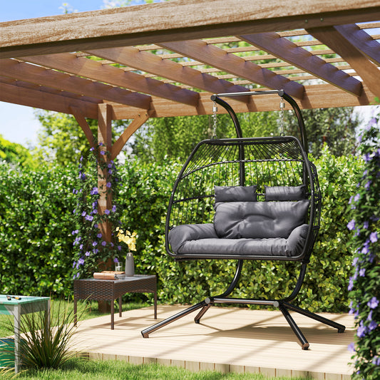 Outsunny Double Wicker Swing Chair with Stand, Foldable Hanging Chair, UV Resistant Cushion, Headrest, Dark Grey
