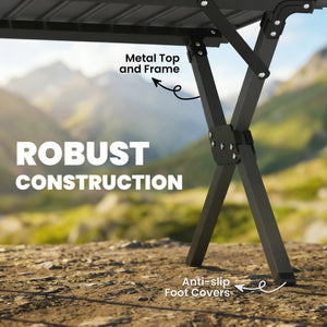 Table de camping pliante imperméable avec plateau enroulable et structure en métal, noire