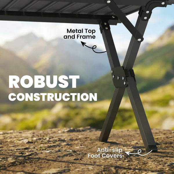 Table de camping pliante imperméable avec plateau enroulable et structure en métal, noire