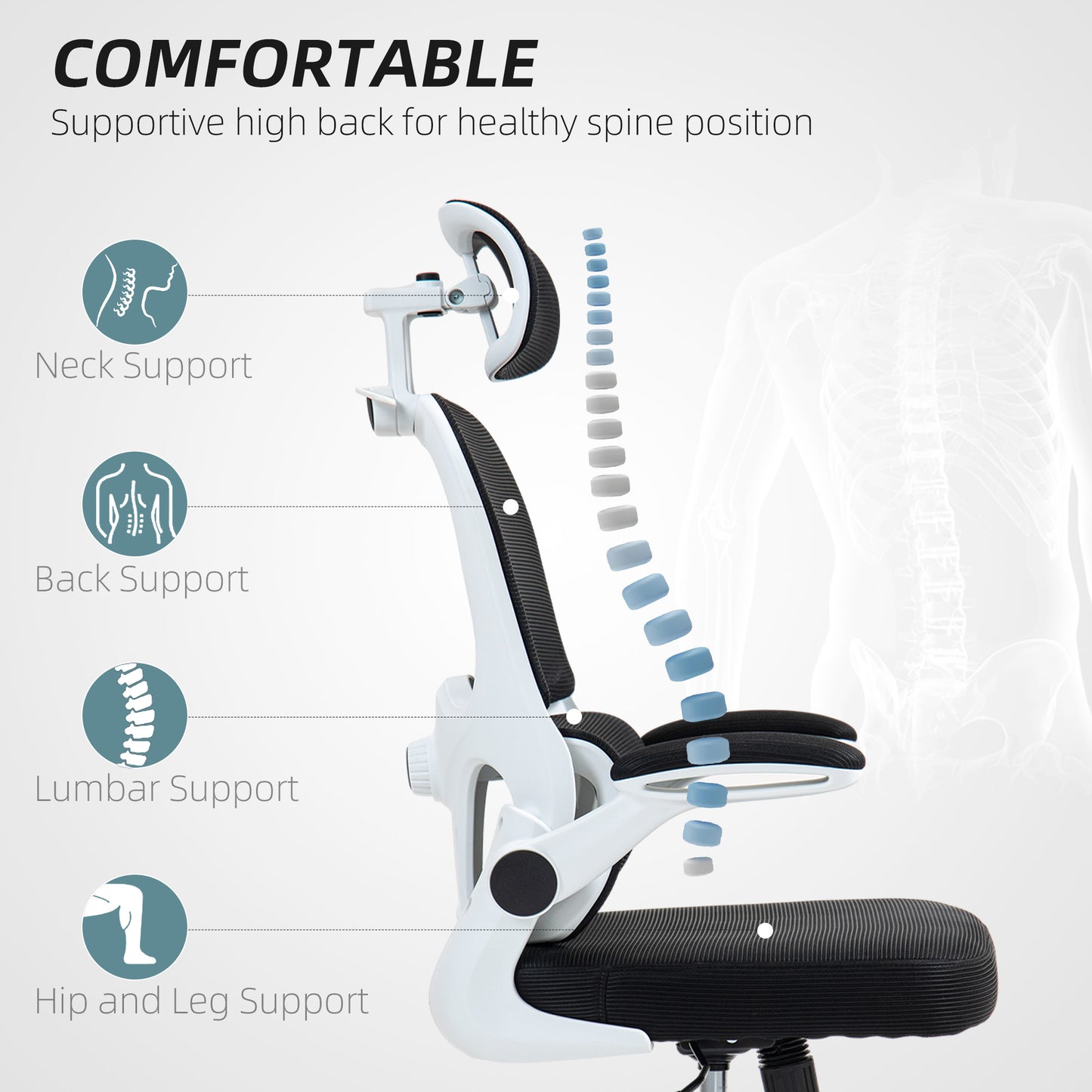 HOMCOM Ergonomic Mesh Office Chair with Flip-up Armrests, Swivel Headrest and Adjustable Lumbar Support, Black