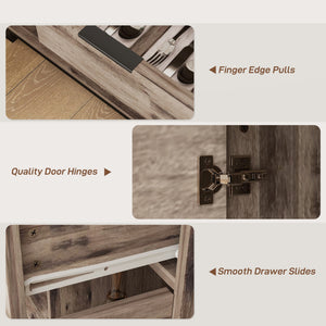 Buffet industriel avec 3 portes de 47", tiroir et 2 étagères réglables pour salon, grain de bois brun