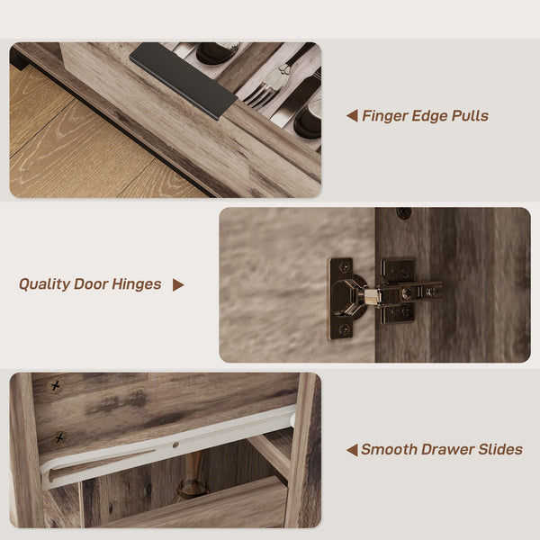 Buffet industriel avec 3 portes de 47", tiroir et 2 étagères réglables pour salon, grain de bois brun