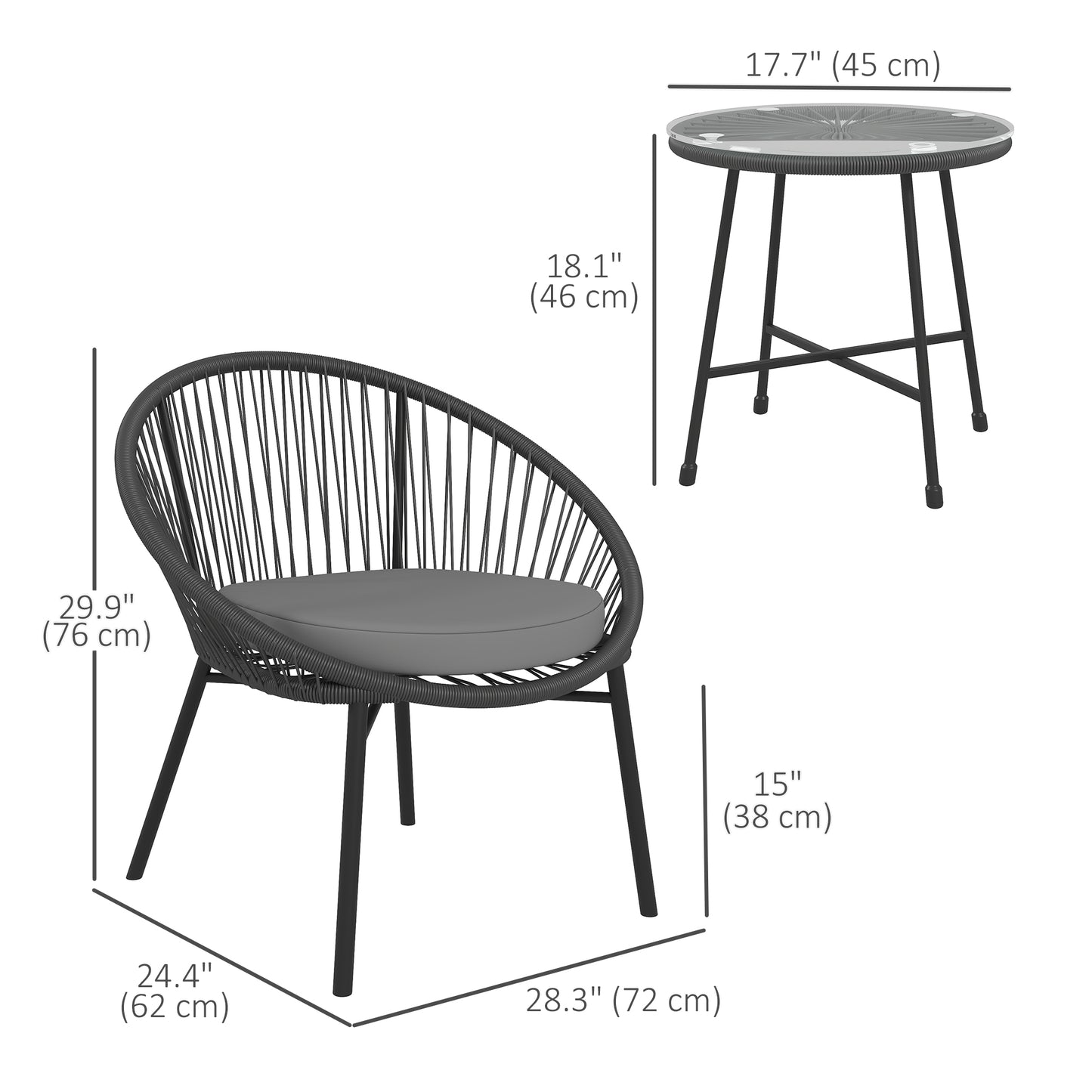 Outsunny 3 Piece Wicker Patio Furniture Set with Soft Cushions, Tempered Glass Top, Garden Bistro Set, Black