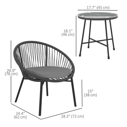 Outsunny 3 Piece Wicker Patio Furniture Set with Soft Cushions, Tempered Glass Top, Garden Bistro Set, Black