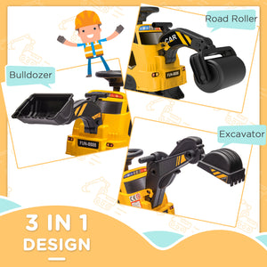 3 in 1 Excavator Bulldozer Rolling Compactor with Music, for 18-48 Months, Yellow