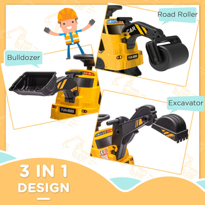 3 in 1 Excavator Bulldozer Rolling Compactor with Music, for 18-48 Months, Yellow