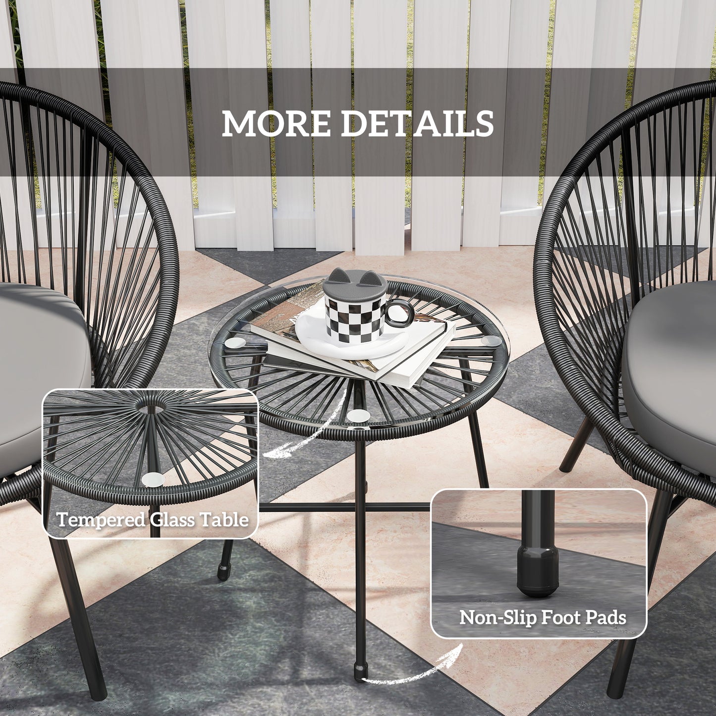 Outsunny 3 Piece Wicker Patio Furniture Set with Soft Cushions, Tempered Glass Top, Garden Bistro Set, Black
