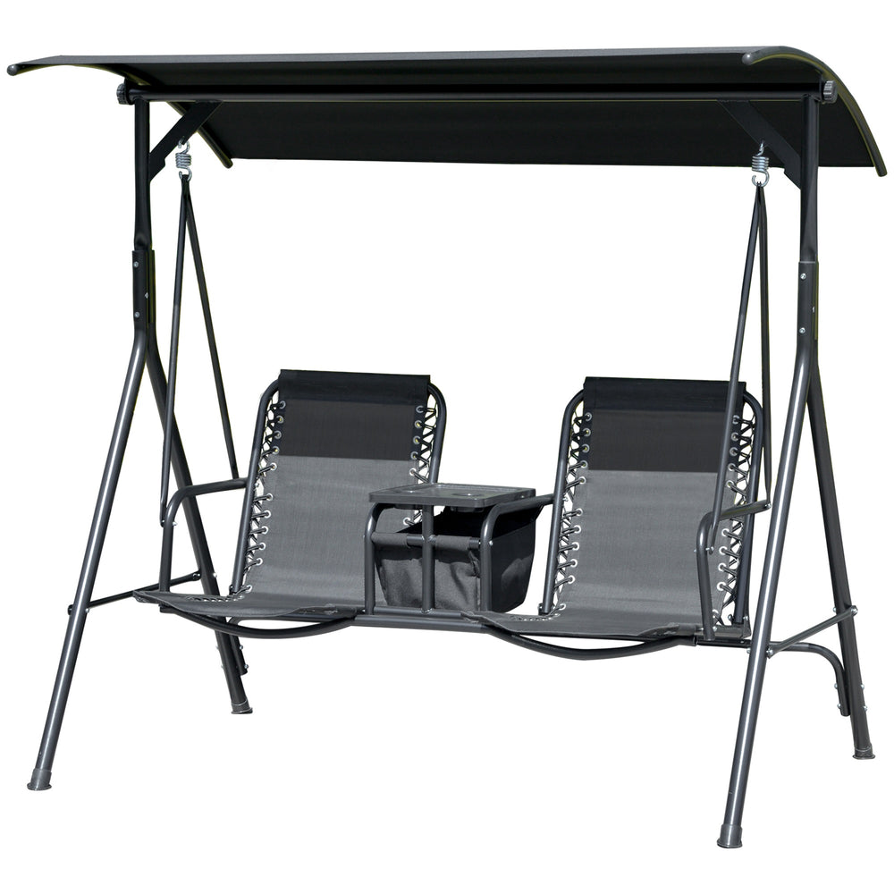 2 Person Covered Porch Swing Patio Swing with Pivot Storage Table, Cup Holder, & Adjustable Overhead Canopy, Black