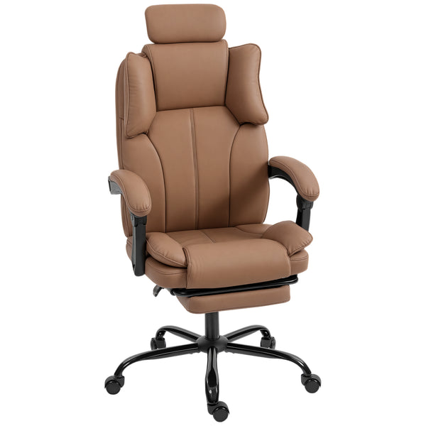 Reclining office chair with pet-friendly fabric upholstery, headrest, footrest, and swivel casters, brown