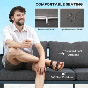 Canapé d'extérieur 3 places en aluminium avec coussins, assise large et accoudoirs, gris foncé