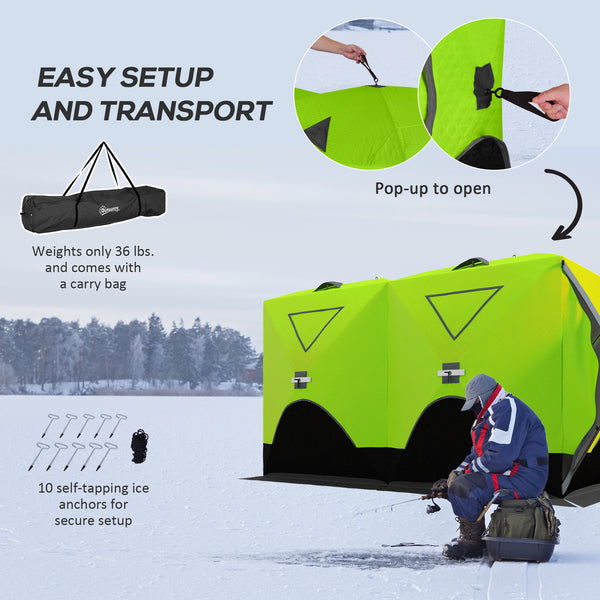 Insulated ice fishing shelter for 8 people, with ventilation windows and carry bag, for temperatures down to -30°C, green