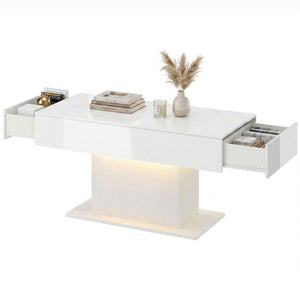 Table basse LED avec rangement, laquée brillante avec 2 tiroirs et télécommande pour salon, blanche