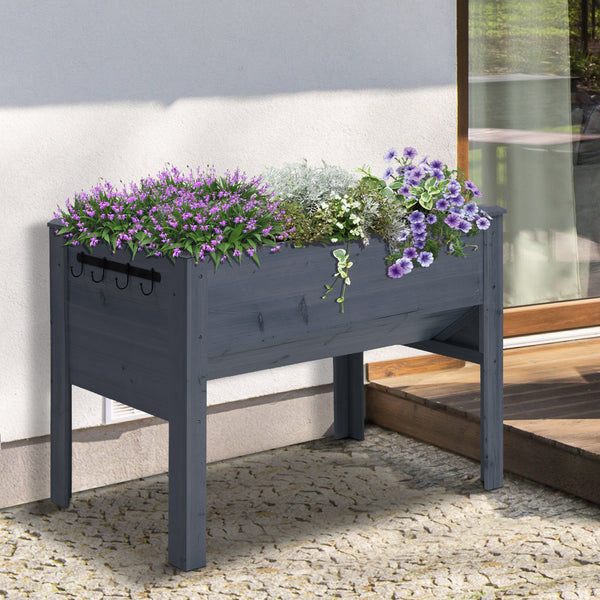 Support surélevé en bois pour plantes avec crochets, gris