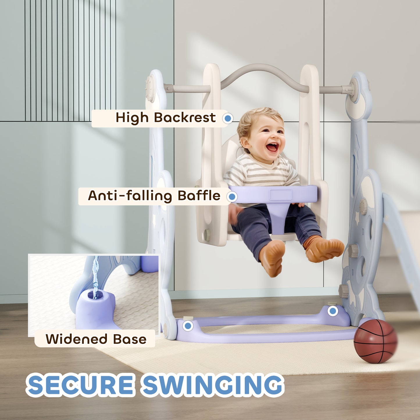 4-in-1 Slide and Swing Set with Basketball Hoop and Climber, for Boys and Girls Ages 1.5-4, Rocket Theme, Light Blue
