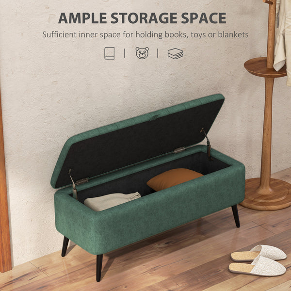 Pouf avec rangement rembourré en lin avec pieds en acier, vert foncé
