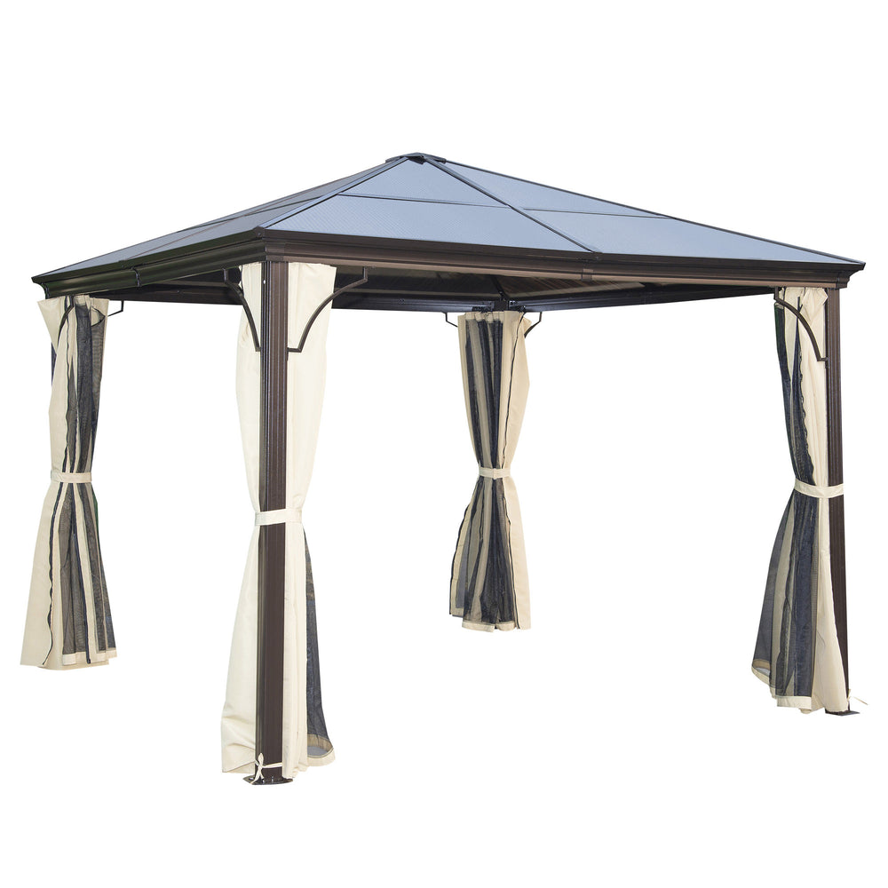 10 x 10 Hardtop Gazebo with Sturdy Metal Frame with Curtains and Waterproof Roof, Coffee Beige