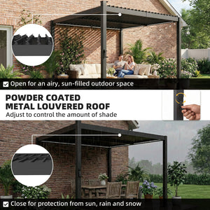 Pergola 10 x 10 à lames orientables avec éclairage solaire LED avec gouttières de drainage, noire