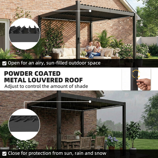 Pergola 10 x 10 à lames orientables avec éclairage solaire LED avec gouttières de drainage, noire