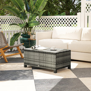 Table basse en rotin et osier avec plateau en verre, mobilier de jardin extérieur, marron trempé