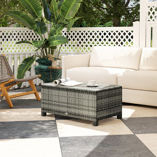 Table basse Outsunny en rotin et osier avec plateau en verre, mobilier de jardin extérieur, marron trempé