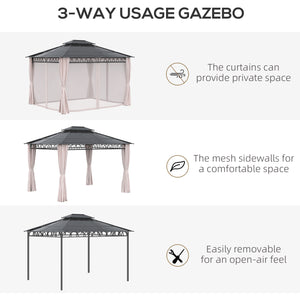 Gazebo 10' x 12' avec toit rigide double PC, structure en acier, filets et rideaux, kaki