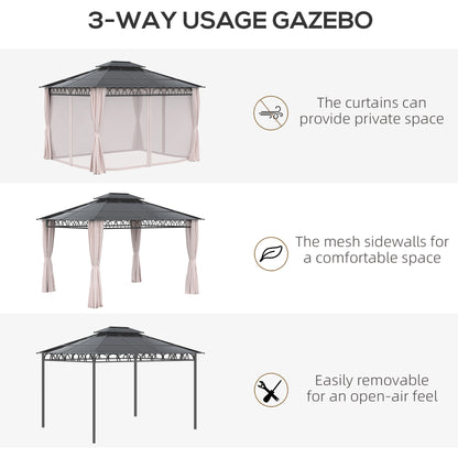 Gazebo 10' x 12' avec toit rigide double PC, structure en acier, filets et rideaux, kaki