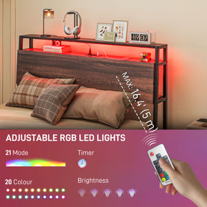 Cadre de lit double avec éclairage LED et station de charge avec tête de lit de rangement, noyer