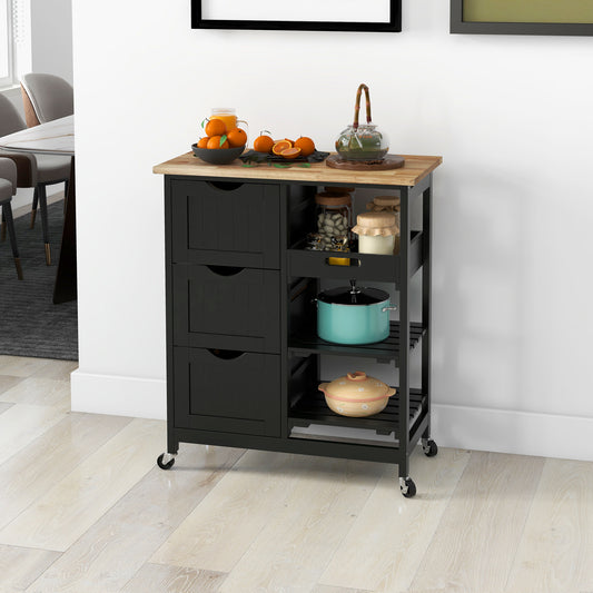 Kitchen Trolley on Wheels, Rolling Kitchen Island with Wooden Top, 3 Drawers and Shelves for Dining Room, Black
