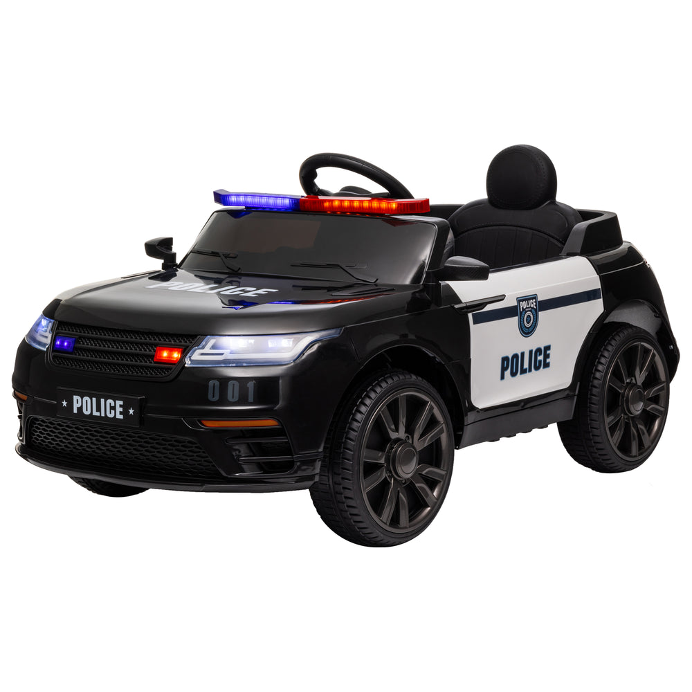Voiture de police électrique 12 V pour enfants, avec télécommande parentale, suspension à ressorts, sirène, musique, klaxon et éclairage, couleur noire