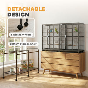 56"H Bird Cage, Parrot Cage with Detachable Rolling Stand, Removable Tray, Storage Shelf, Perches, Food Container
