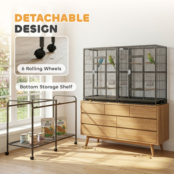 56"H Bird Cage, Parrot Cage with Detachable Rolling Stand, Removable Tray, Storage Shelf, Perches, Food Container