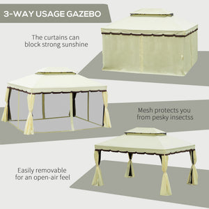 10'x13' Soft-top Aluminum Gazebo Deck Canopy Double Tier Garden Shelter with Netting and Curtains, Cream White