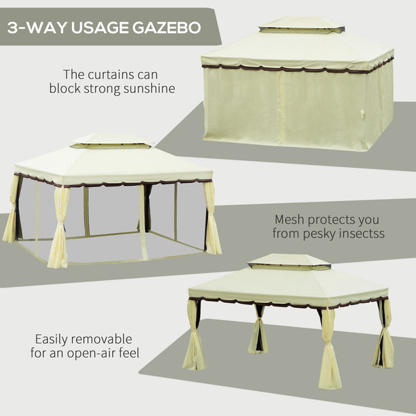 10'x13' Soft-top Aluminum Gazebo Deck Canopy Double Tier Garden Shelter with Netting and Curtains, Cream White
