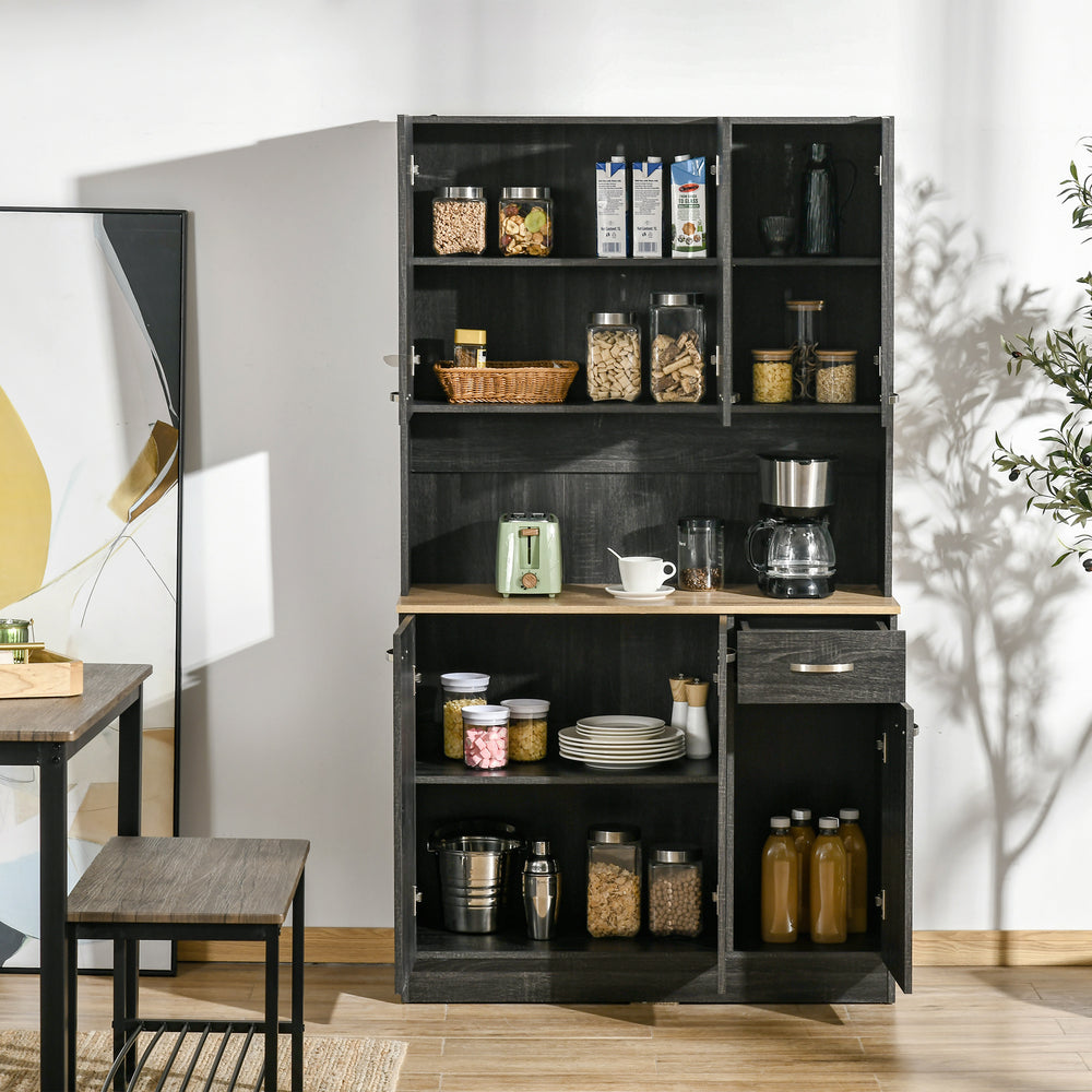Buffet de cuisine avec portes, tiroirs et comptoir pour micro-ondes, noir