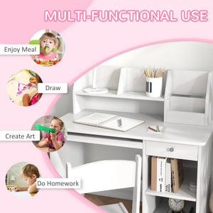 Kids Desk and Chair Set for 5-8 Year Olds with Storage, Study Table and Chair, White