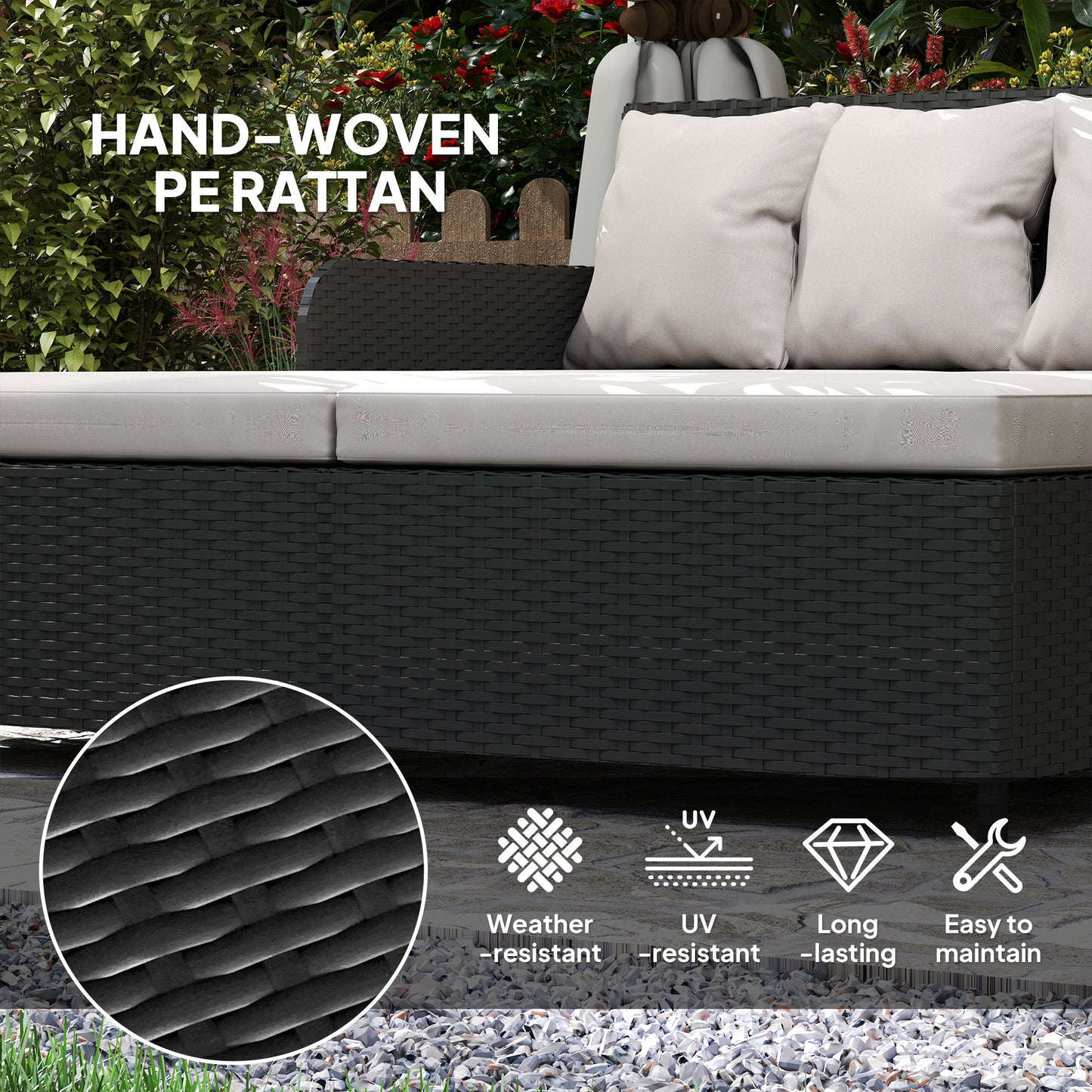 Outsunny Outdoor Rattan Sun Lounger Loveseat with Soft Cushions, 4 Pillows, Curved Backrest and Armrests, Light Grey