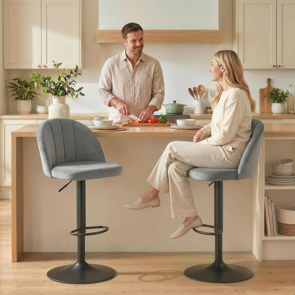 Set of 2 swivel bar stools with footrest, grey