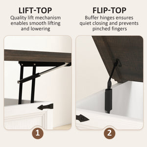 Table basse relevable avec station de recharge, style campagnard avec rangement dissimulé, aspect bois blanc.