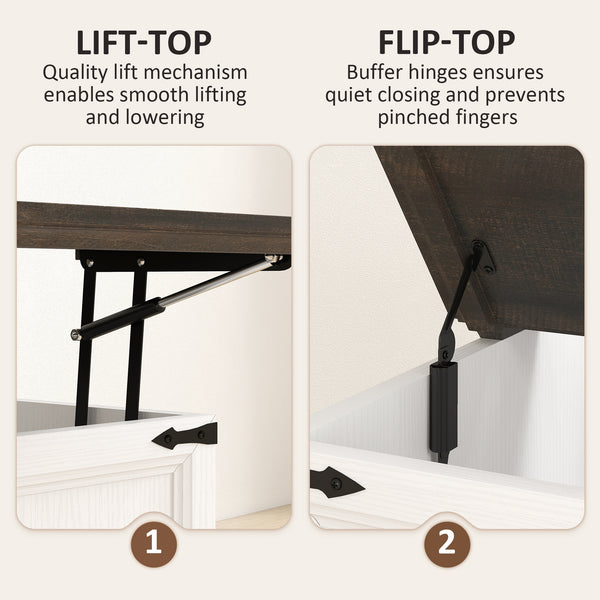 Table basse relevable avec station de recharge, style campagnard avec rangement dissimulé, aspect bois blanc.